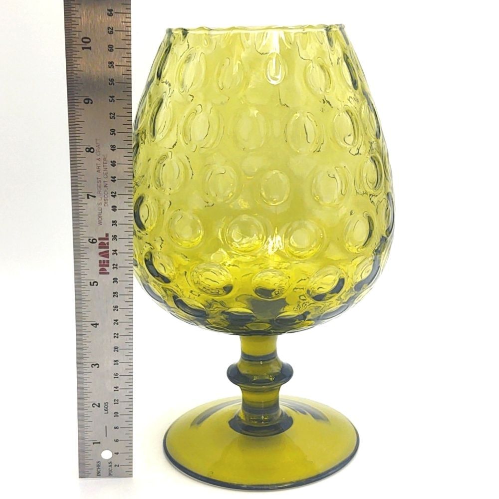 Vintage MCM Olive Green Optic Glass Snifter Style Blown Glass Vase Empoli, I… - Picture 8 of 9